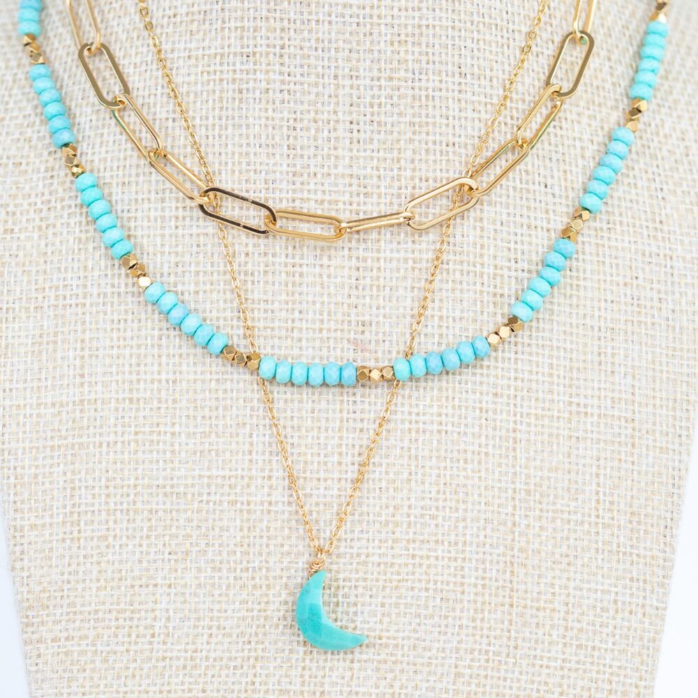 BUNDLE Gold Paperclip Chunky Necklace & Turquoise or Moonstone Moon Pendant CUTE